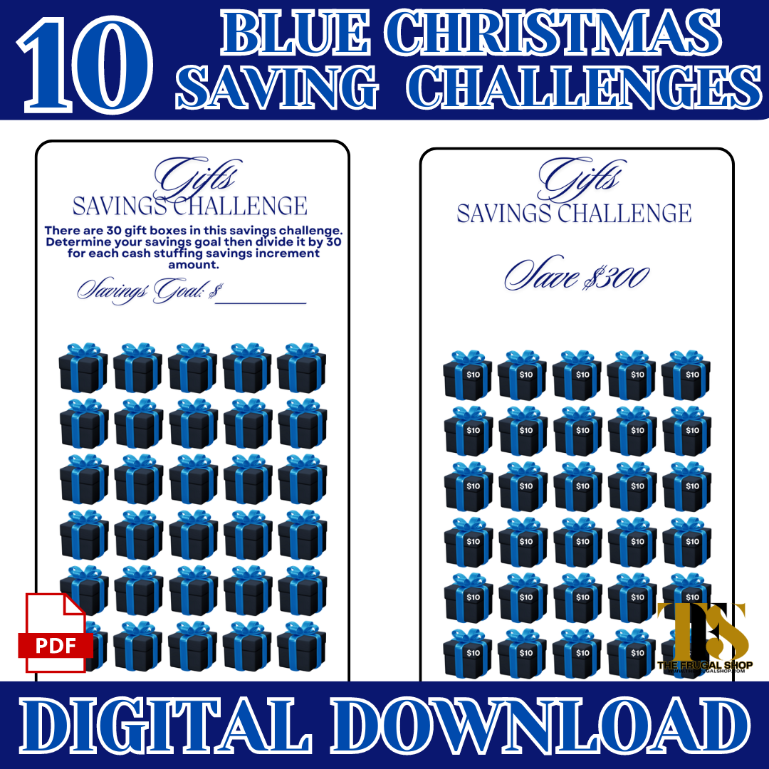 10 Christmas Blue Savings Challenges Printable Bundle for Cash Envelopes