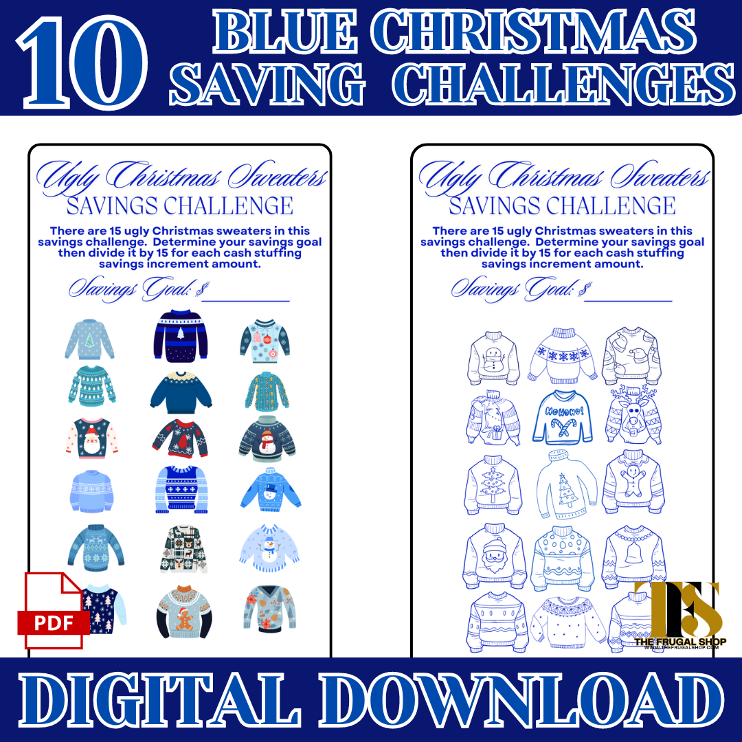 10 Christmas Blue Savings Challenges Printable Bundle for Cash Envelopes