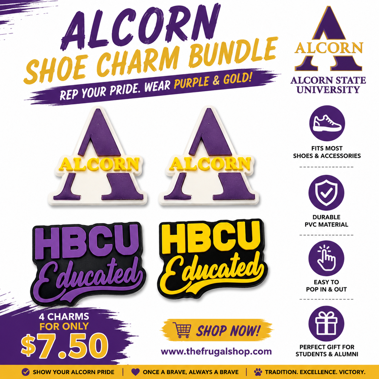 Alcorn State University shoe charm bundle with promotional text and branding.