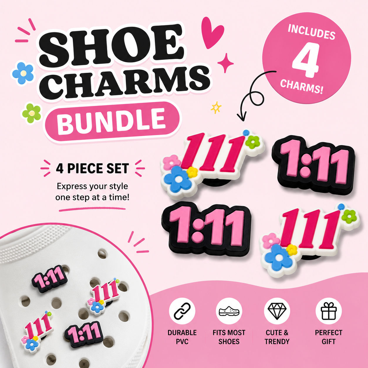 Shoe charms bundle with four pieces on a pink background
