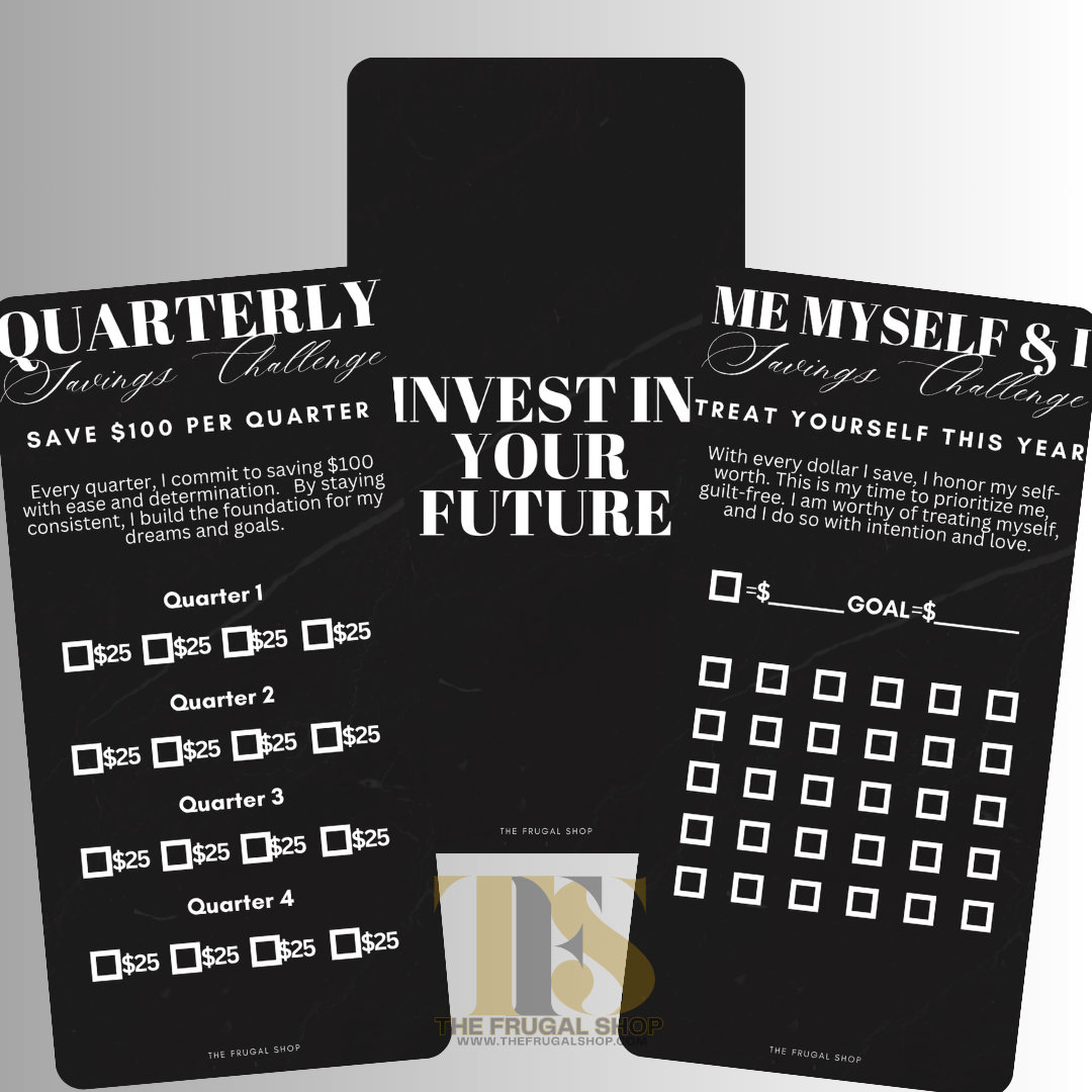 Invest In Your Future Minimalist Printable Savings Challenge Bundle | Marble Black & Off-White Design | Personal Size Cash Envelope Trackers