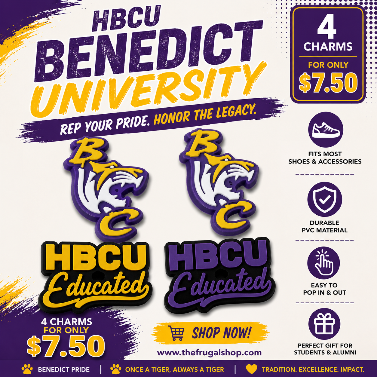 Advertisement for HBCU Benedict University charms with promotional text and graphics.