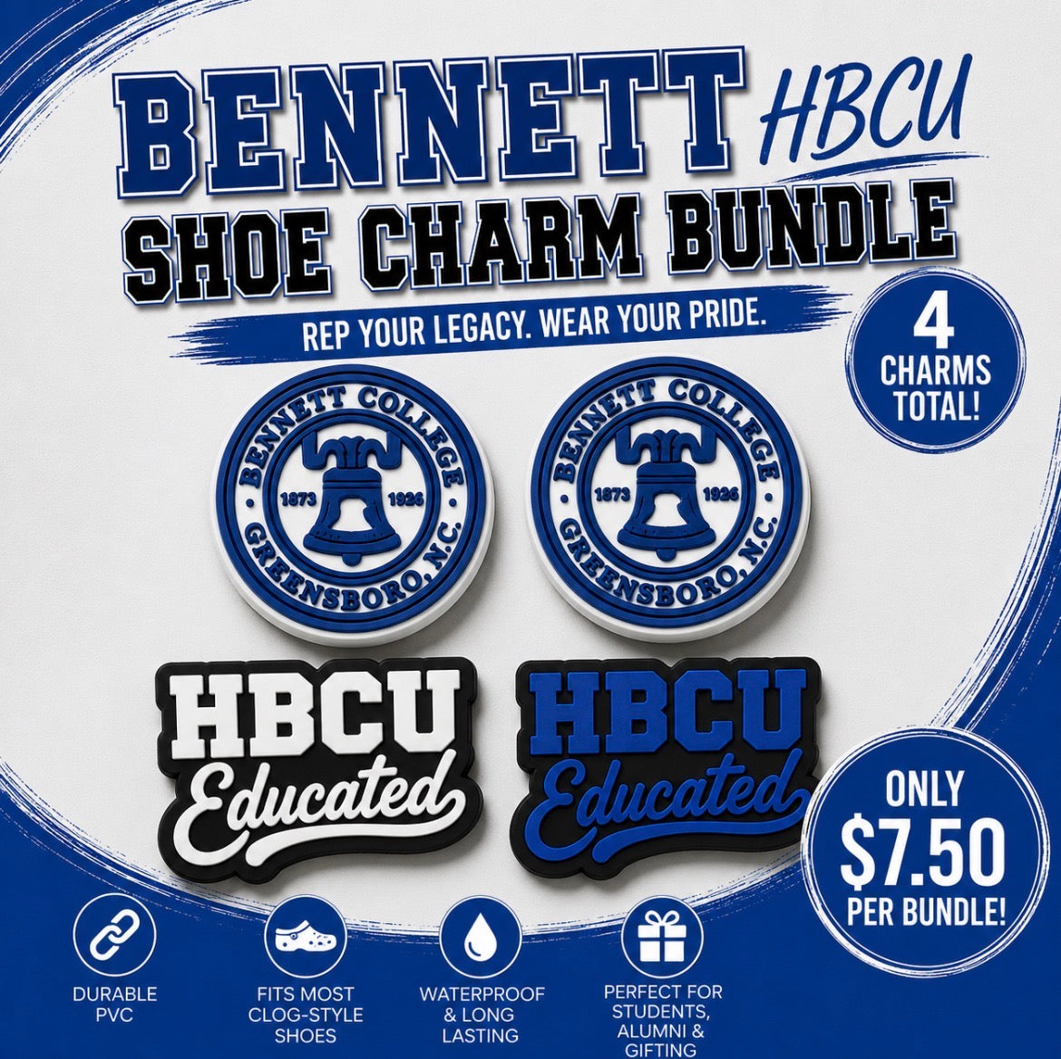 Bennett HBCU shoe charm bundle packaging with four charms on a white background.