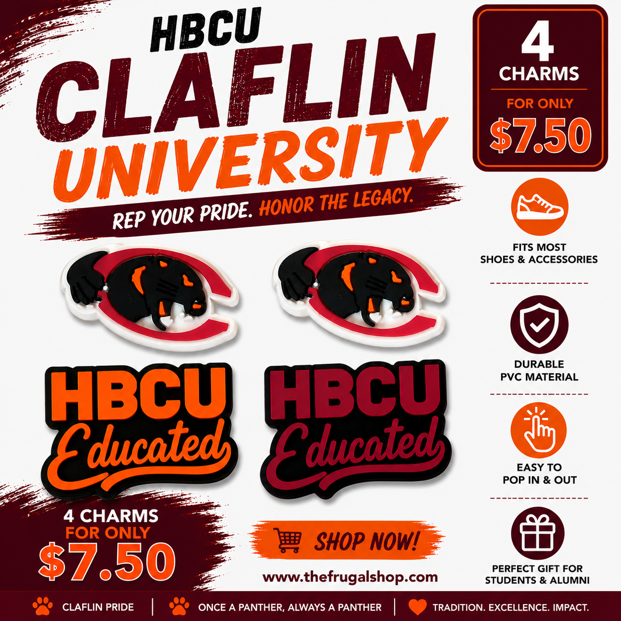 Advertisement for Claflin University HBCU charms with promotional text and logos.