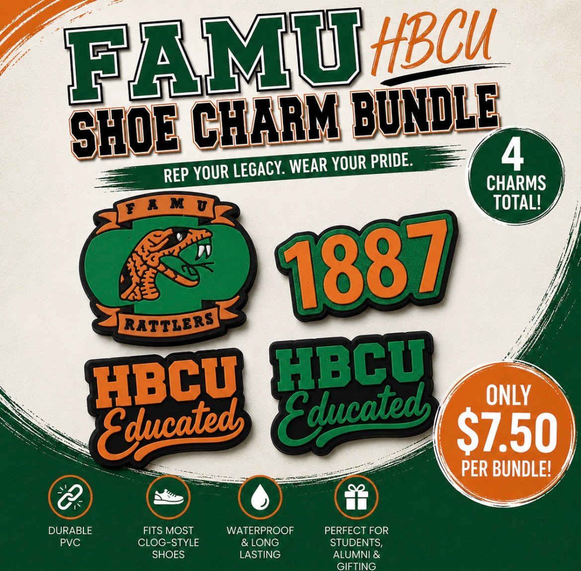 FAMU HBCU shoe charm bundle packaging with four charms on a white background.