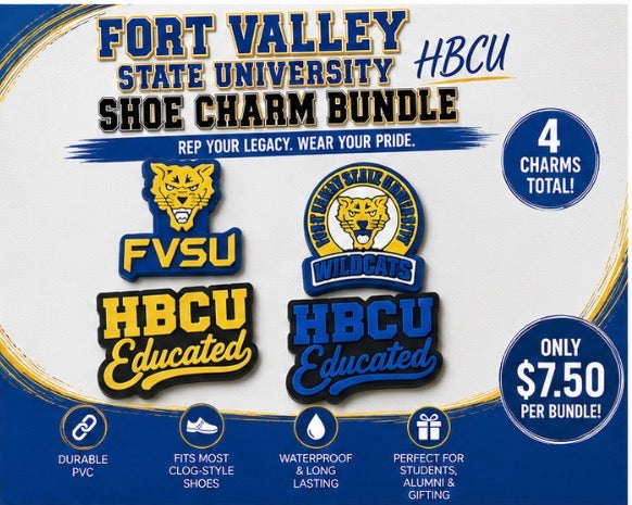 Fort Valley State University HBCU shoe charm bundle packaging with logos and promotional text.