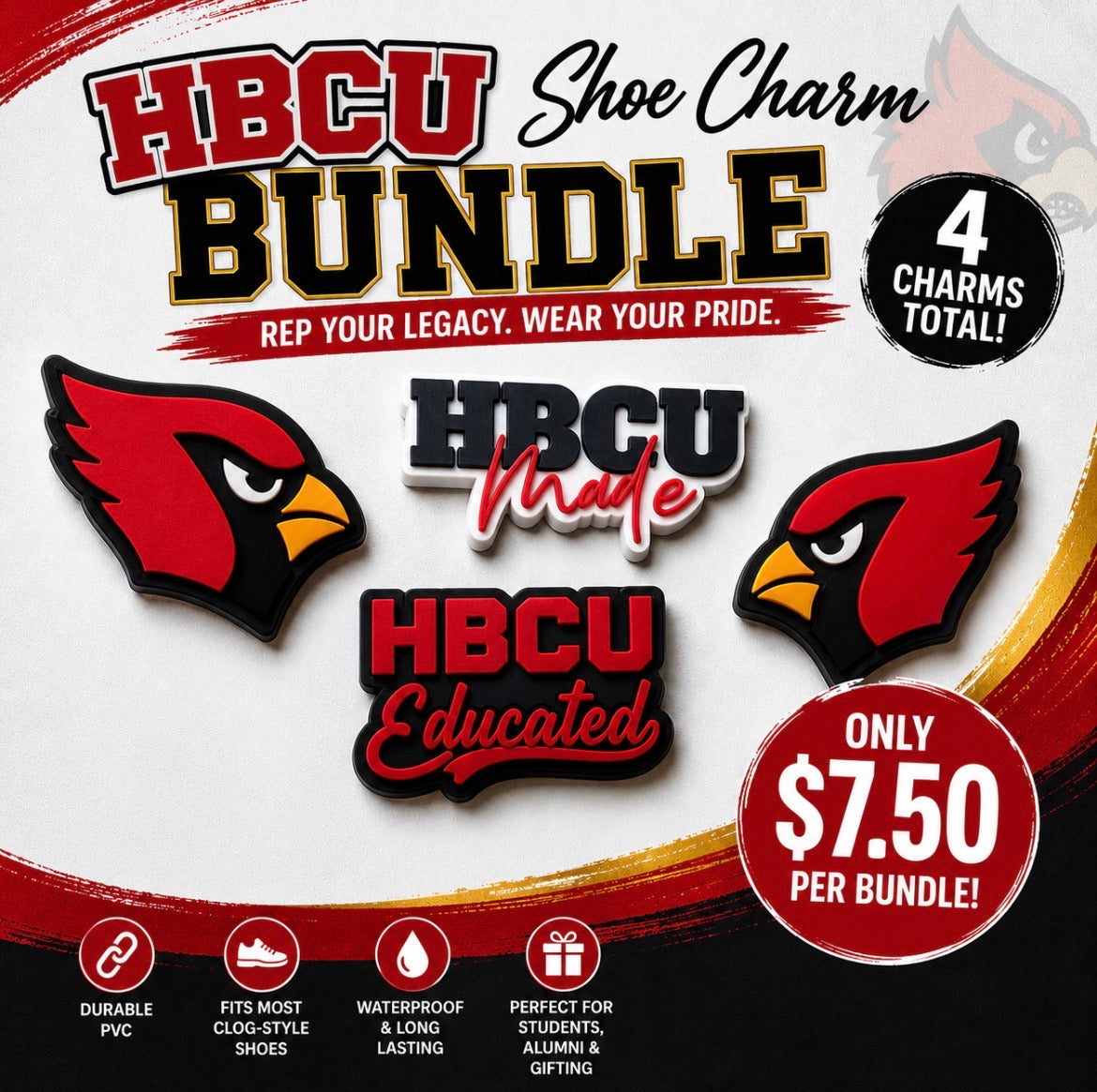 HBCU shoe charm bundle with logos and text on a white background