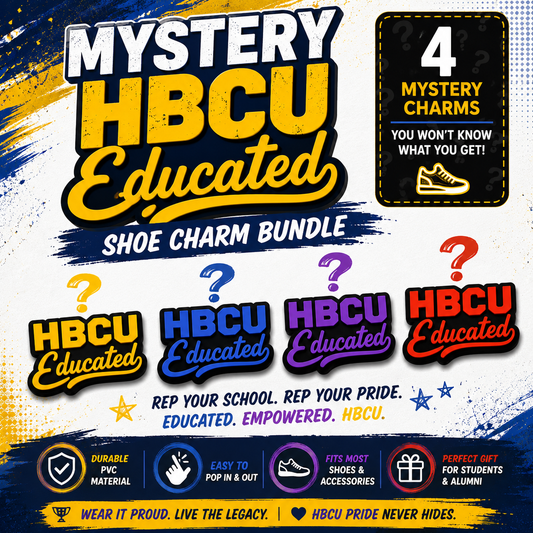 Promotional graphic for 'Mystery HBCU Educated' shoe charm bundle with colorful charms and text.