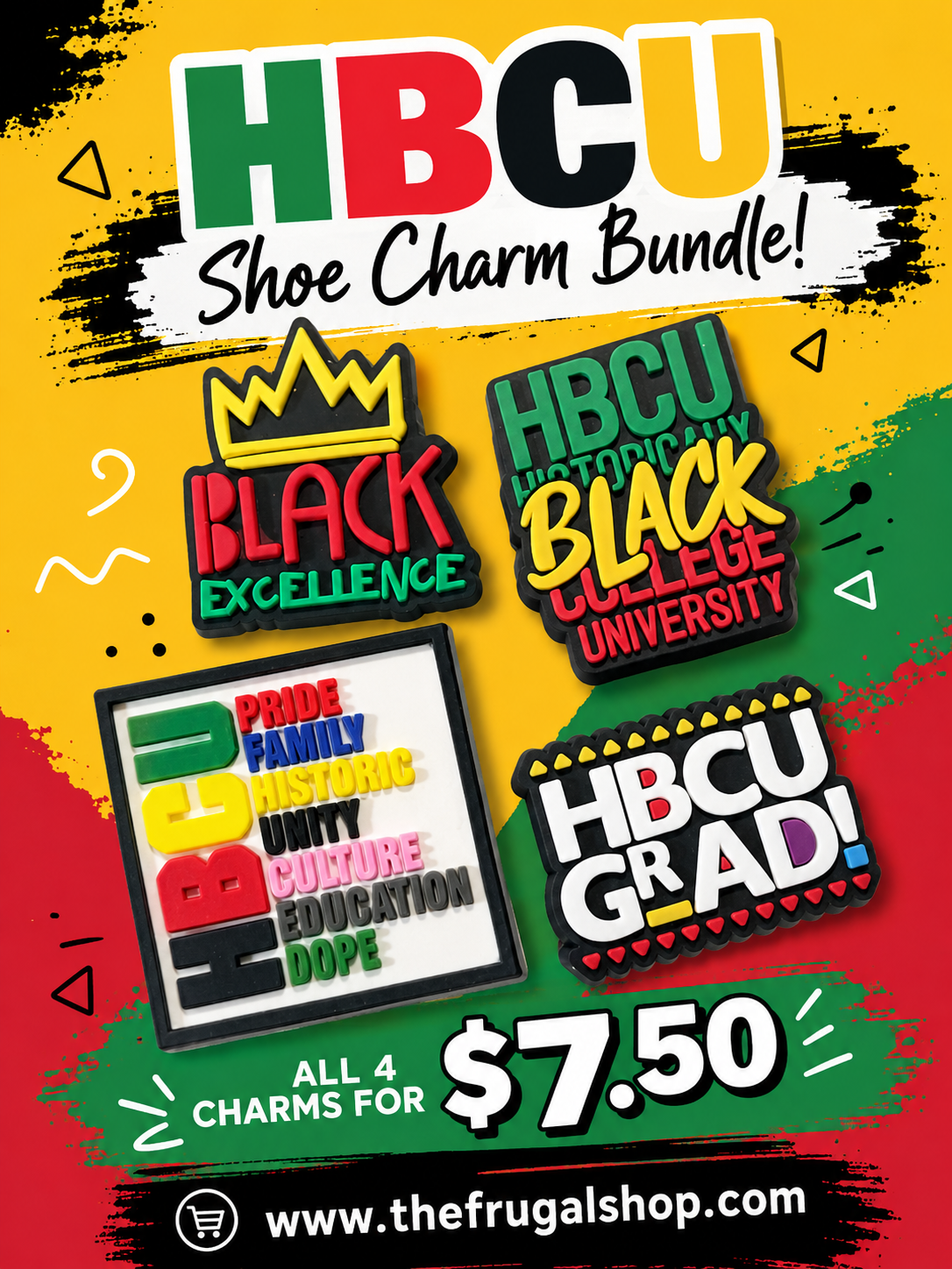 Promotional image of HBCU shoe charm bundle with colorful text and graphics on a yellow and red background.