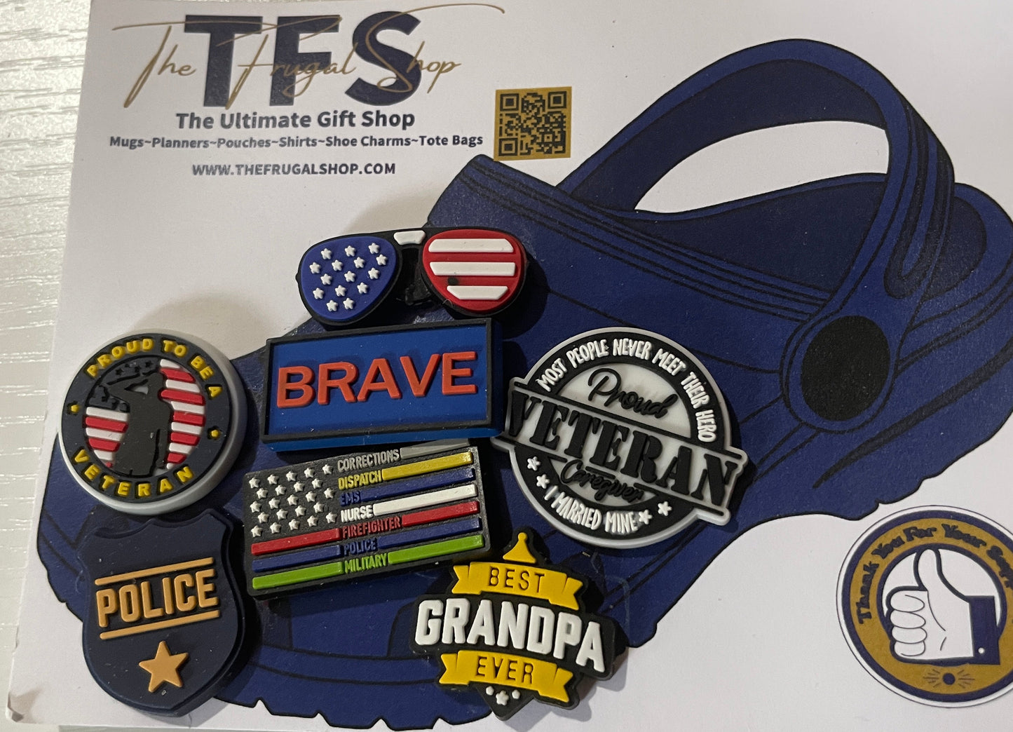 Collection of decorative patches on a white background with 'TFS' branding.