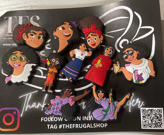 Set of colorful figurines on a black card with branding and QR code.