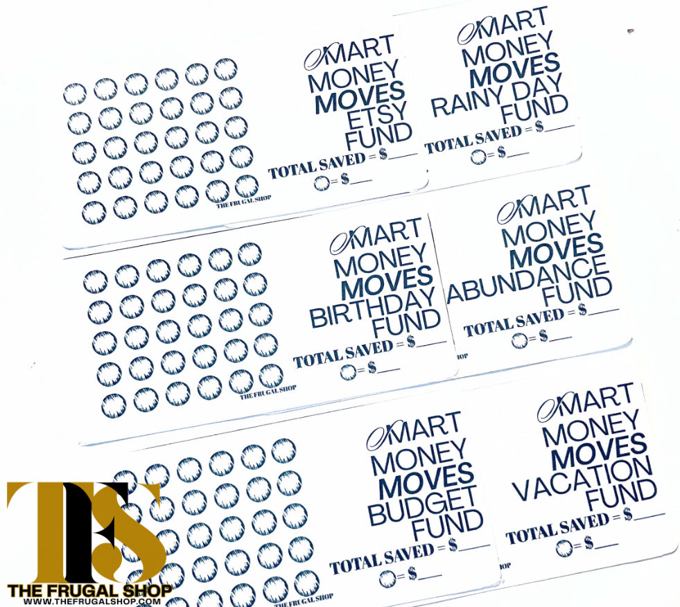 Sheet of financial goal stickers with categories like 'Etsy Fund', 'Rainy Day Fund', etc., on a white background.