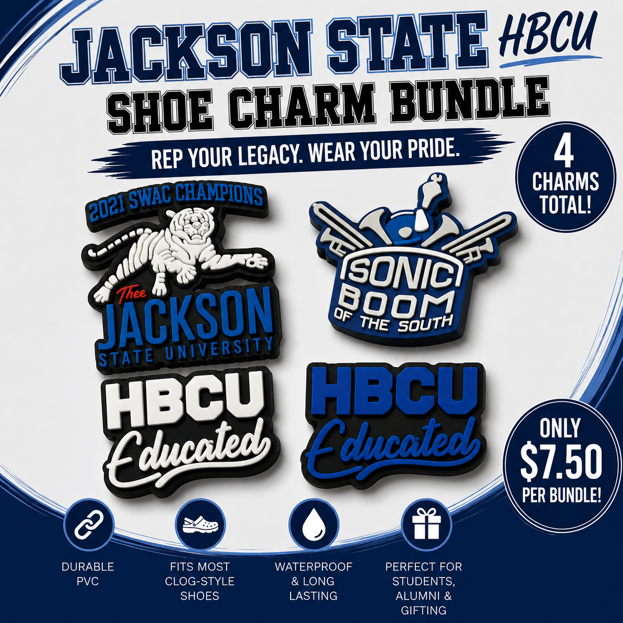 Jackson State HBCU shoe charm bundle with logos and promotional text on a white background.