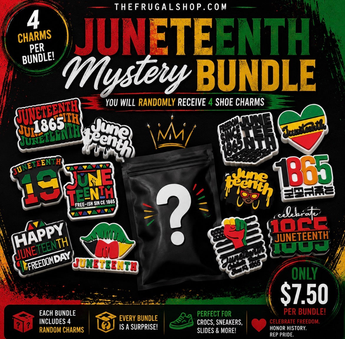 Promotional graphic for Juneteenth mystery bundle with shoe charms on a dark background.