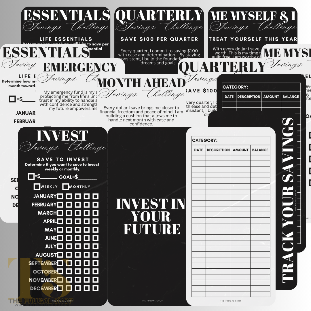 Invest In Your Future Minimalist Printable Savings Challenge Bundle | Marble Black & Off-White Design | Personal Size Cash Envelope Trackers