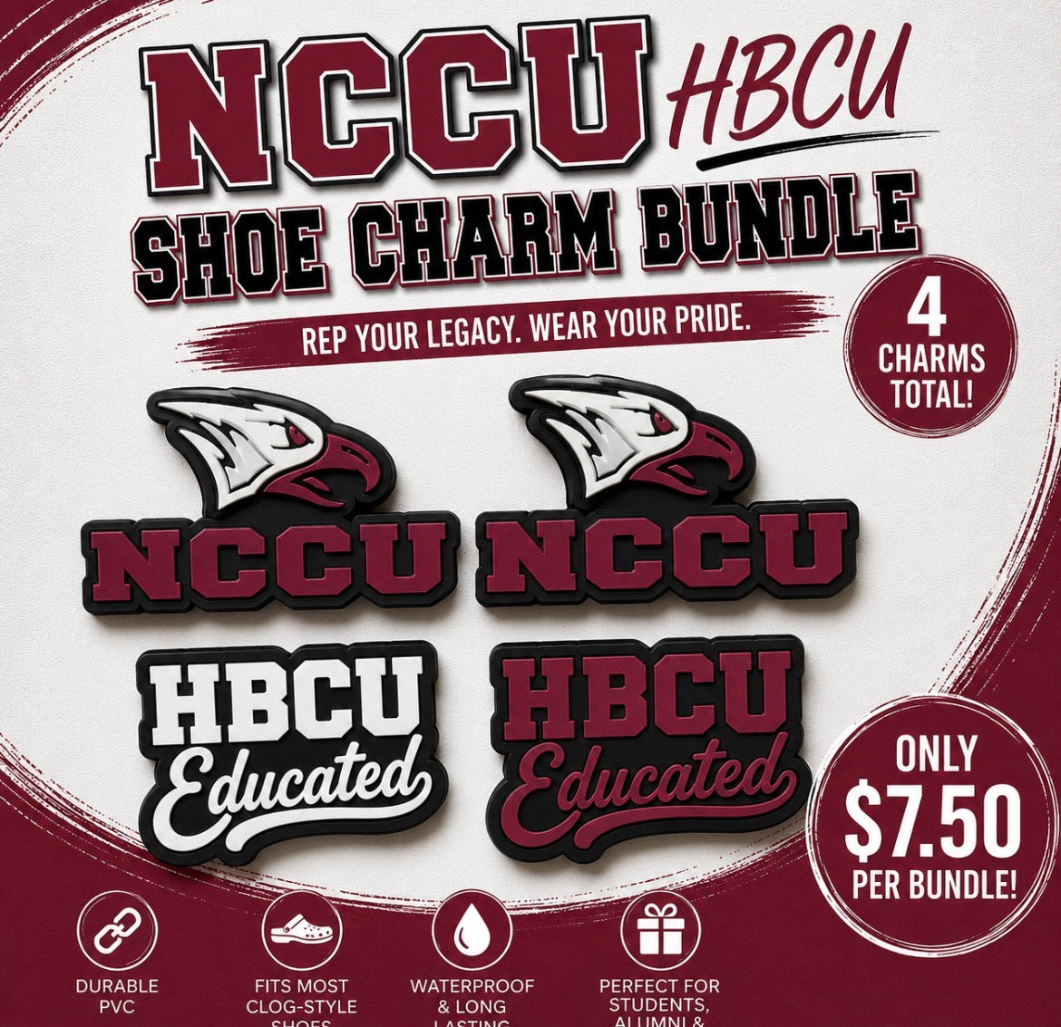 NCCU HBCU shoe charm bundle packaging with charms and promotional text on a white background.