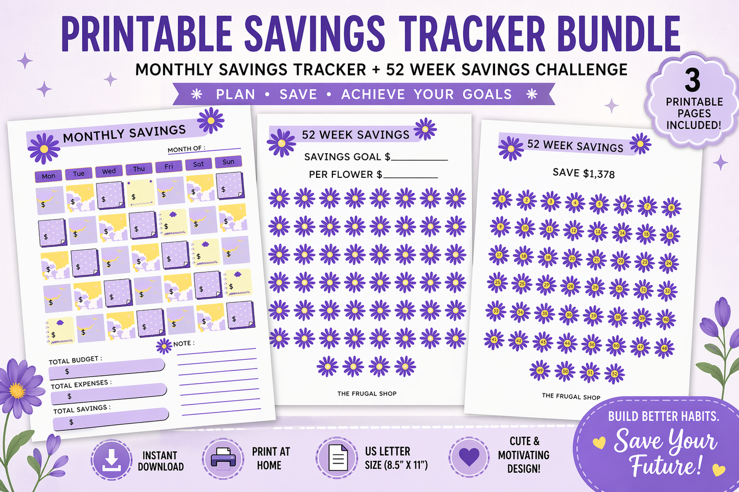 Printable Savings Tracker Bundle | Monthly Savings Planner + 52 Week Savings Challenge | Letter Size Budget Printable | Digital Download