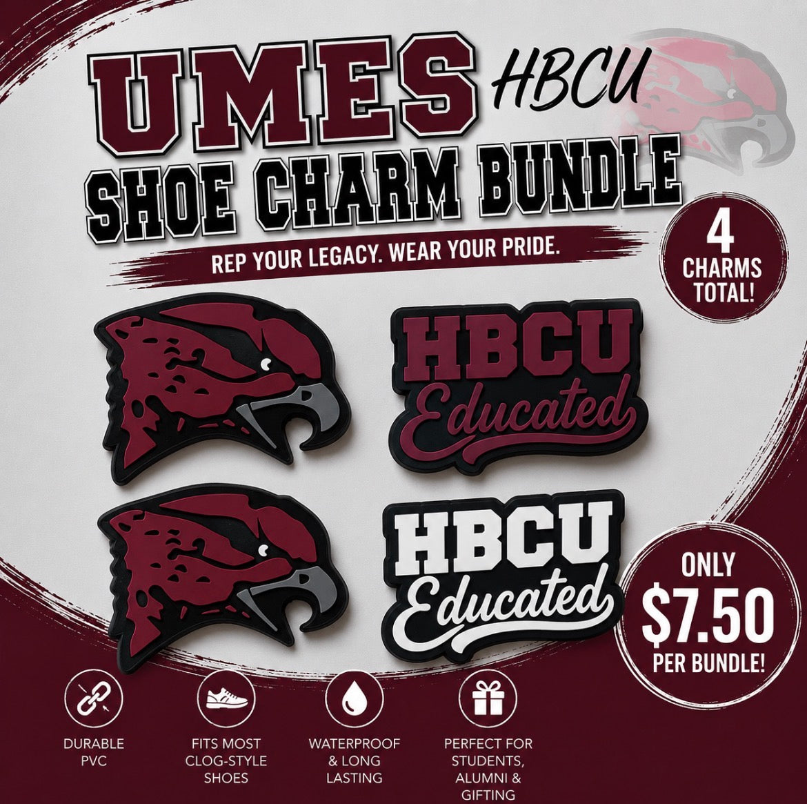 UMES HBCU shoe charm bundle packaging with charms and text on a maroon background