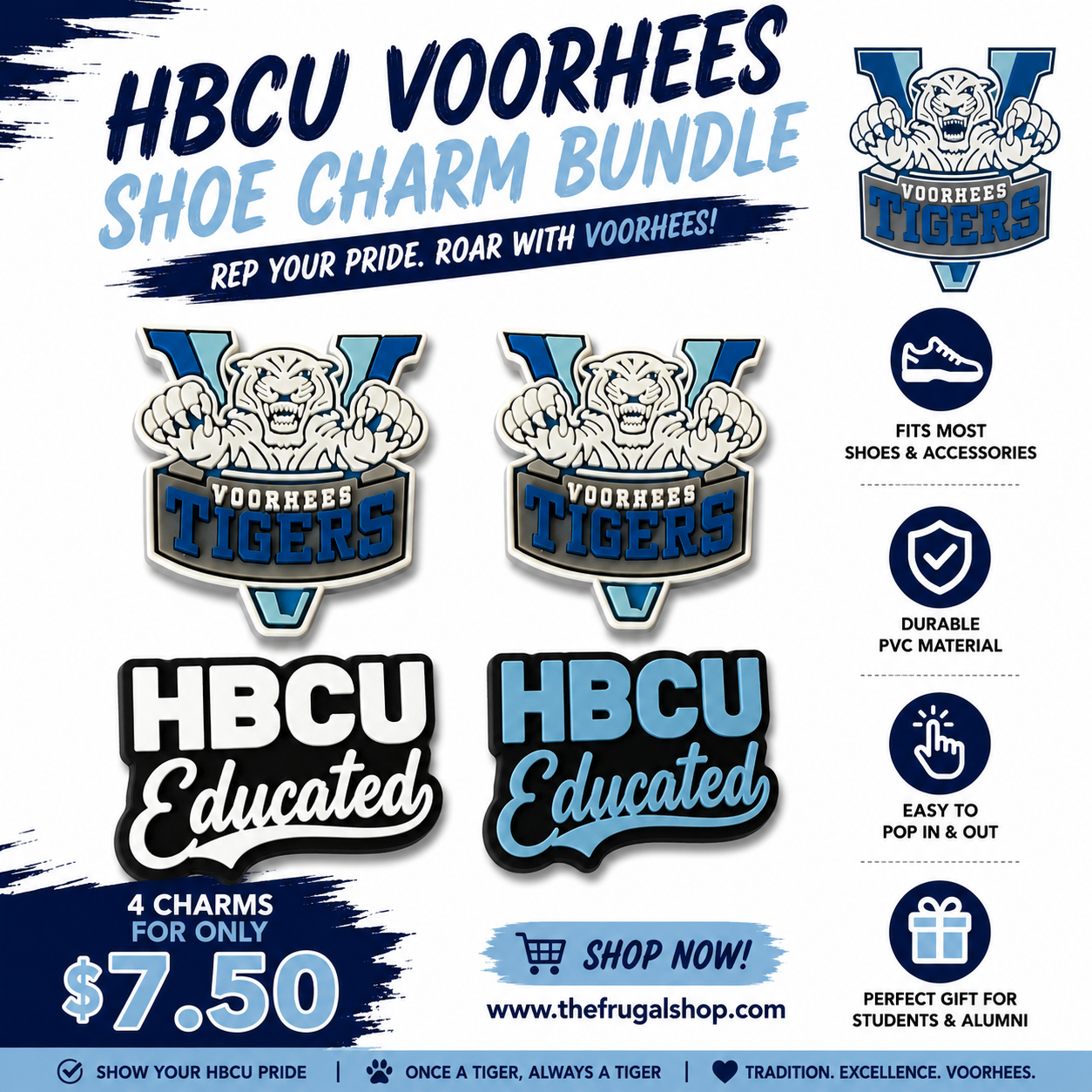 HBCU Voorhees shoe charm bundle with logos and promotional text on a white background