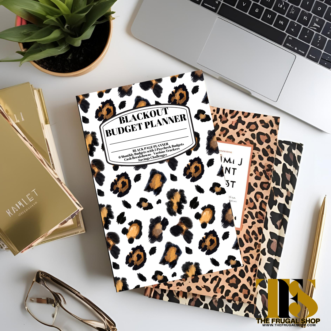 Blackout Animal Print Budget Planner | 6-Month Financial Planner on Black Paper with Savings Challenges