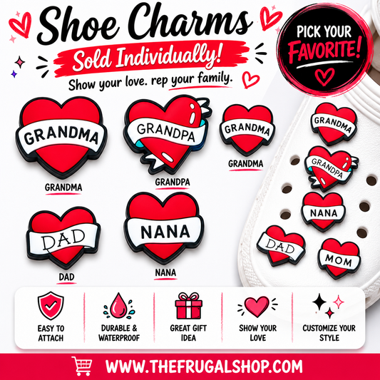 Heart-shaped shoe charms with names like Grandma, Grandpa, Nana, Dad, and Mom on a white background.