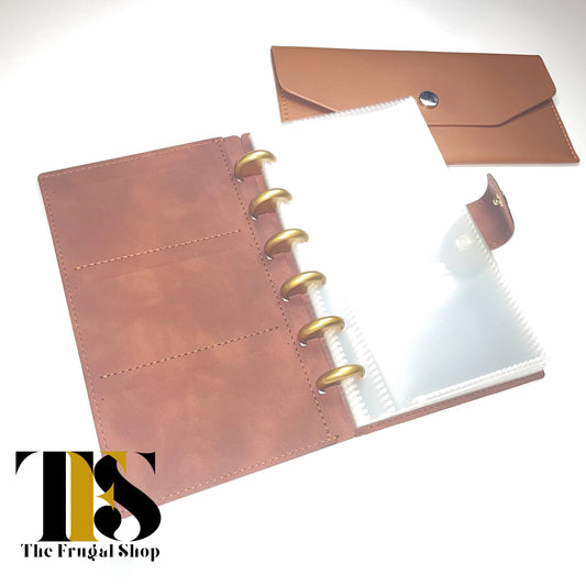 Brown Croco Textured Discbound Cash Envelope System – Stylish Organizer with 6 Gold Metal Discs & 20 Transparent Pockets