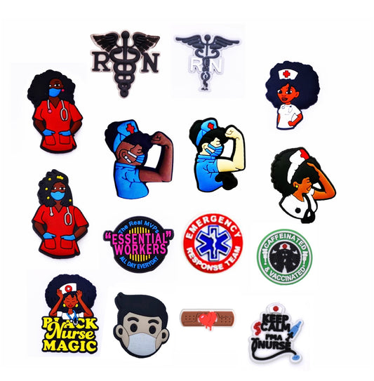 A collection of various nurse-themed shoe charms, including representations of a nurse's outfit, medical symbols, and the text 'NURSE'.