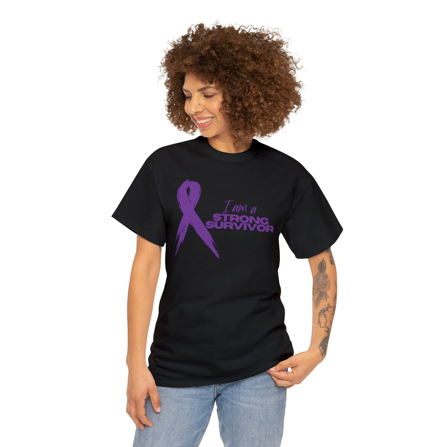 I Am A Strong Survivor Purple Ribbon Awareness Unisex Heavy Cotton Tee