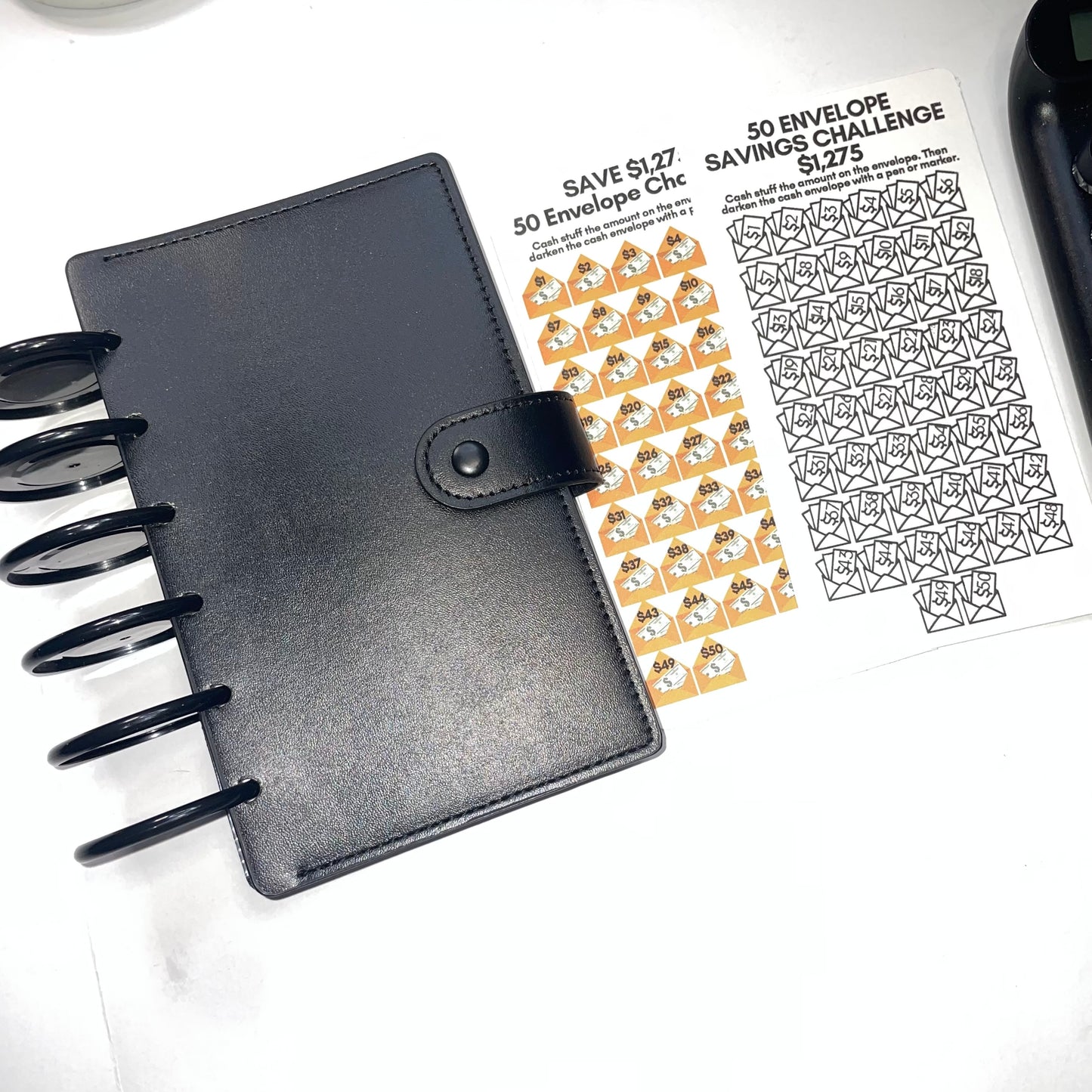 Budget System | 50 Cash Envelopes System | Organizer | Smooth Black Leather Discbound