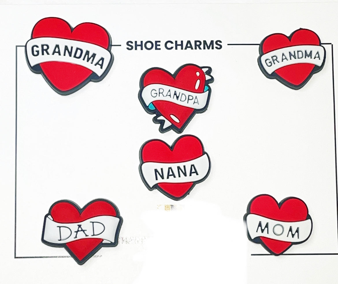 Family Love Heart Shoe Charm - Dad, Mom, Nana, Grandpa, Grandma