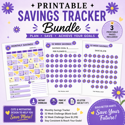 Printable Savings Tracker Bundle | Monthly Savings Planner + 52 Week Savings Challenge | Letter Size Budget Printable | Digital Download