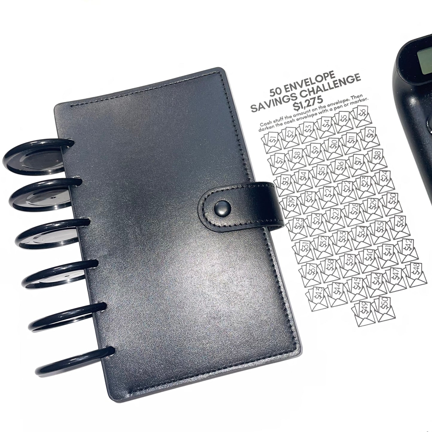 Budget System | 50 Cash Envelopes System | Organizer | Smooth Black Leather Discbound
