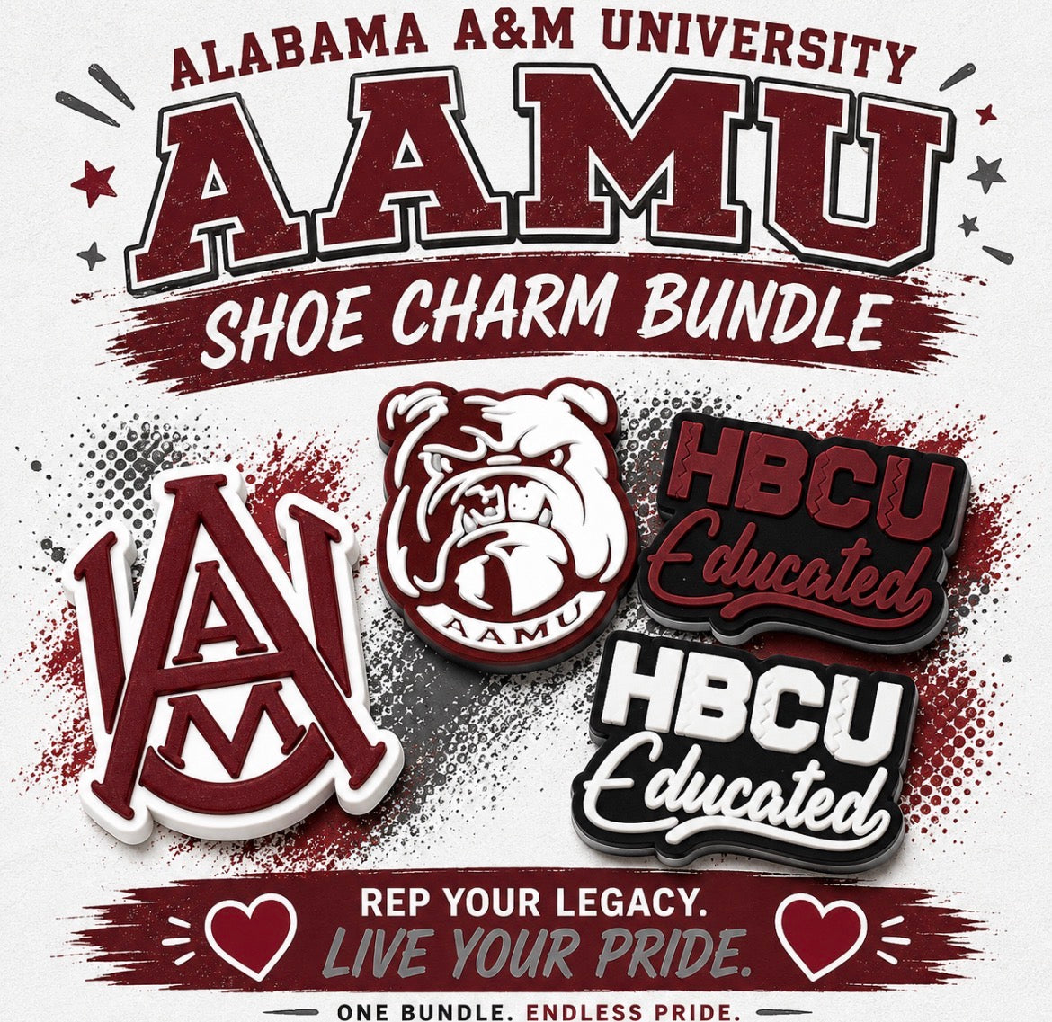 Alabama A&M University shoe charm bundle with bulldog logo and text on a red and white background.