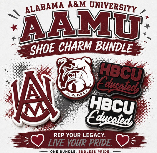 Alabama A&M University shoe charm bundle with bulldog logo and text on a red and white background.