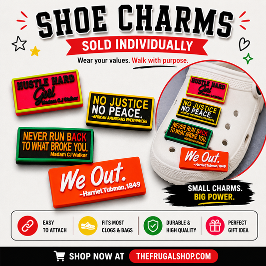 Promotional image of shoe charms with various messages and a white shoe with charms on a white background.