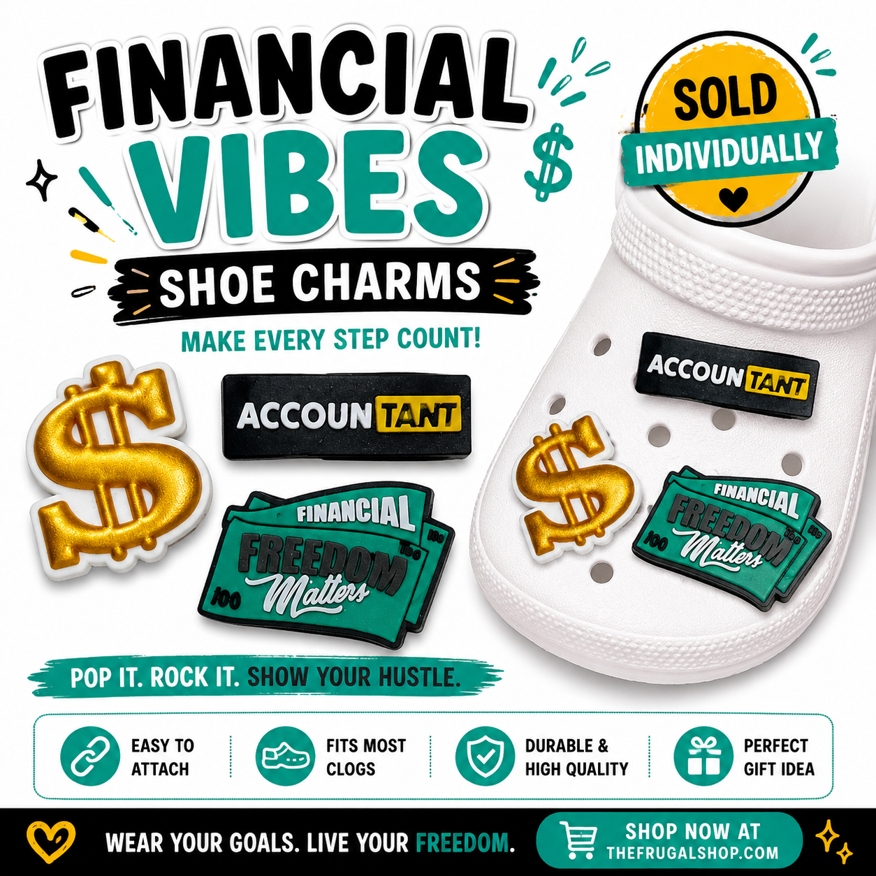 White shoe with financial-themed shoe charms and promotional text for 'Financial Vibes' shoe charms.