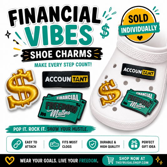 White shoe with financial-themed shoe charms and promotional text for 'Financial Vibes' shoe charms.