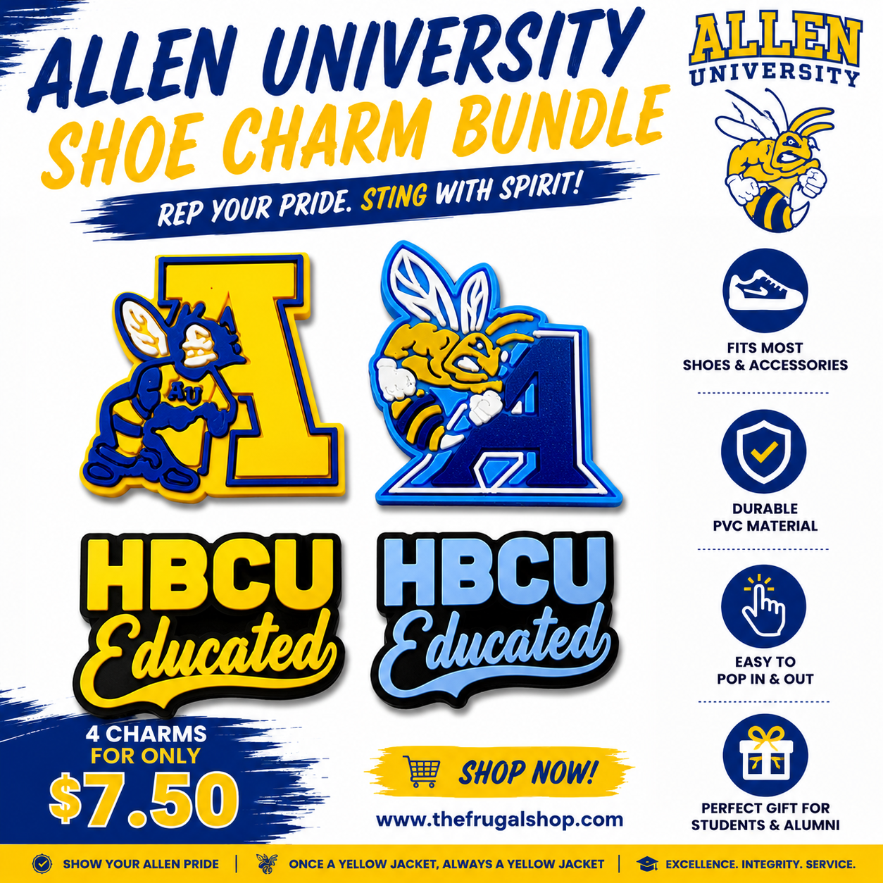 Advertisement for Allen University shoe charm bundle with logos and promotional text.