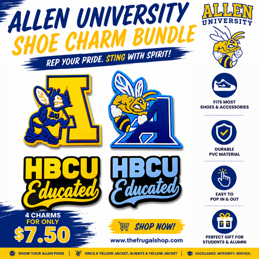 Advertisement for Allen University shoe charm bundle with logos and promotional text.