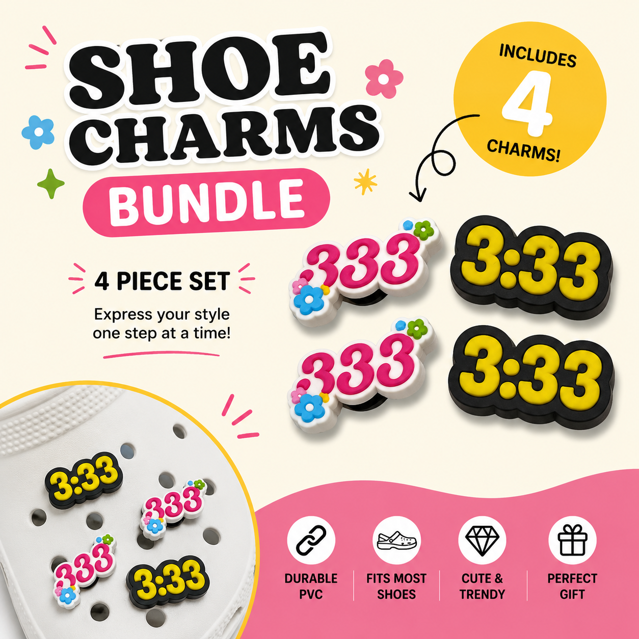 Shoe charms bundle with colorful numbers and text on a white background