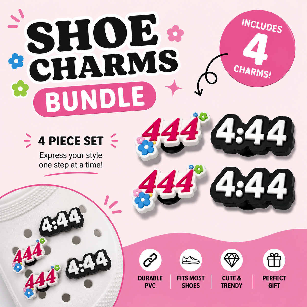 Shoe charm bundle with four charms on a pink background