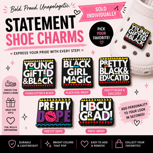 Promotional image of shoe charms with various messages on a white background