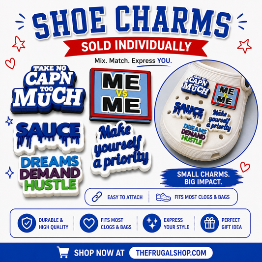 Promotional image of shoe charms with motivational phrases, sold individually at TheFrugalShop.com.