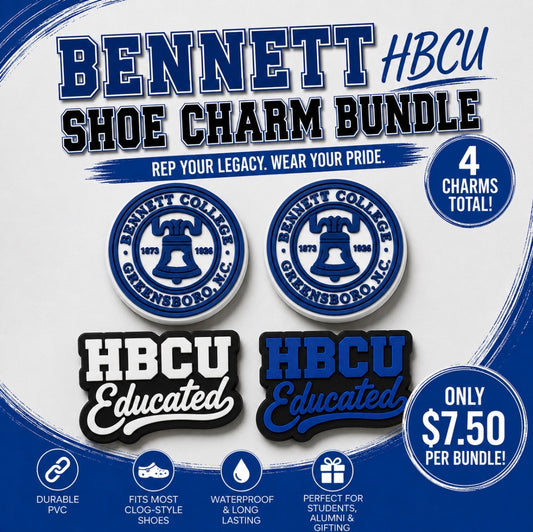 Bennett HBCU shoe charm bundle packaging with four charms on a white background.