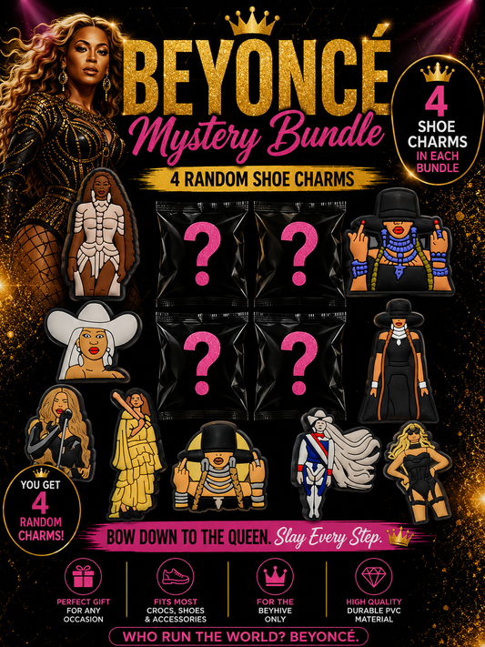Promotional image of Beyoncé mystery bundle with shoe charms and character illustrations.