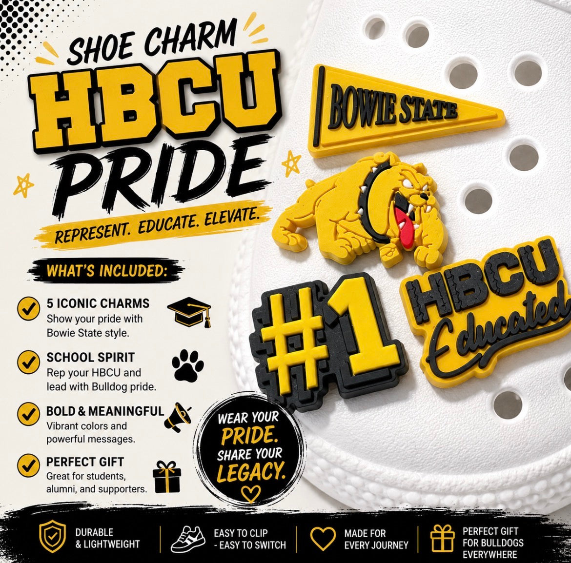 HBCU pride shoe charms on a white background with promotional text.