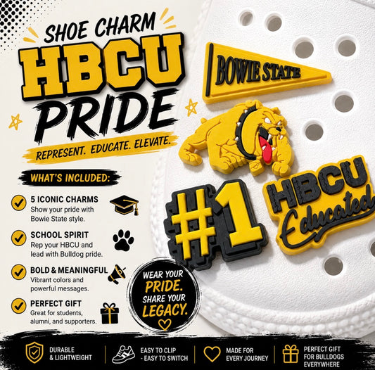 HBCU pride shoe charms on a white background with promotional text.
