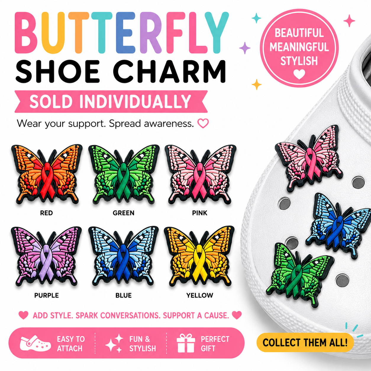Butterfly shoe charms with colorful designs on a white background
