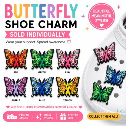 Butterfly shoe charms with colorful designs on a white background
