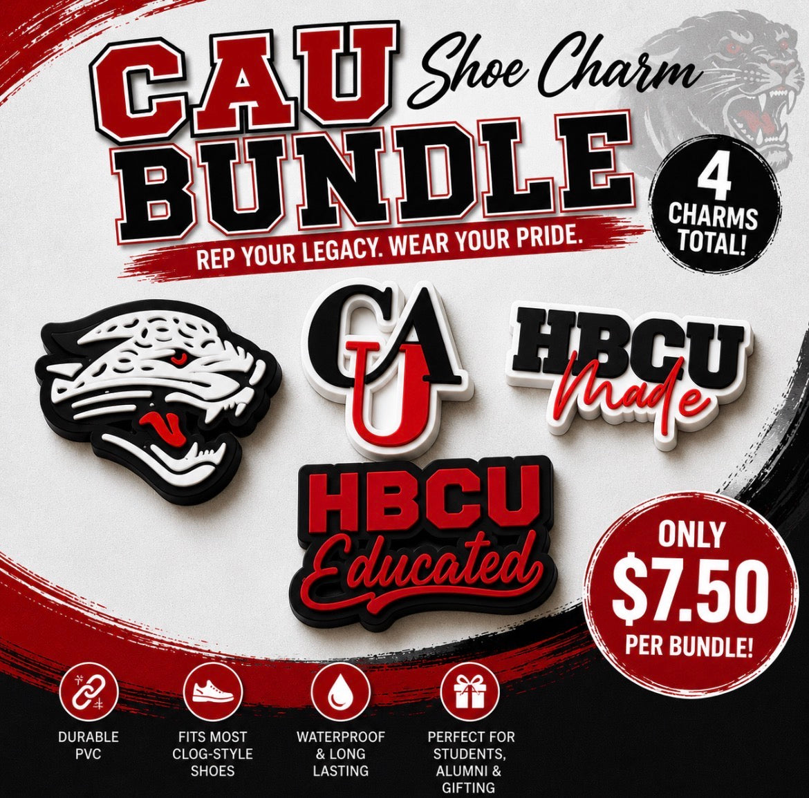 Promotional image of CAU shoe charm bundle with panther logo and text on a white background.